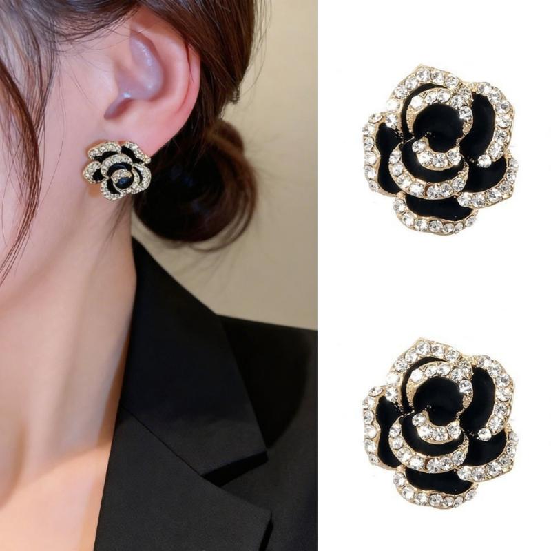 Temperament Elegant Black Camellia Pearl Stud Earrings For Women Girls Fashion Zircon Flowers Earrings Jewelry Accessories Gifts