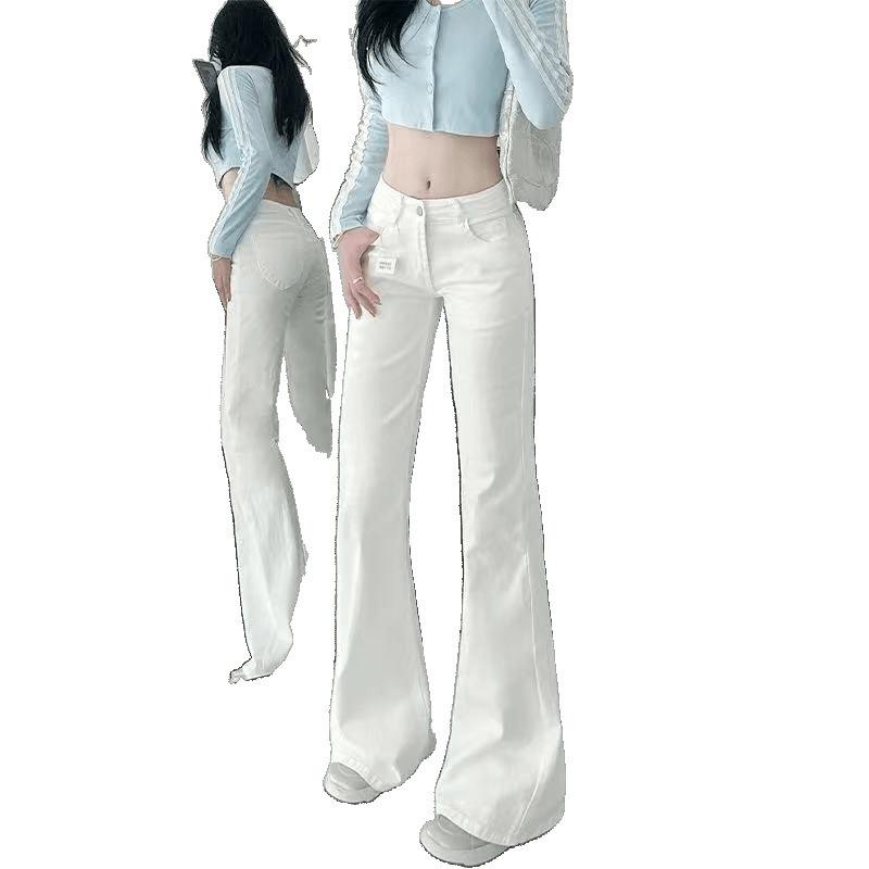 White Low-Waist Micro-Flare Wide-Leg Jeans for Women, Spring/Autumn Style, Versatile Floor-Length Trousers.