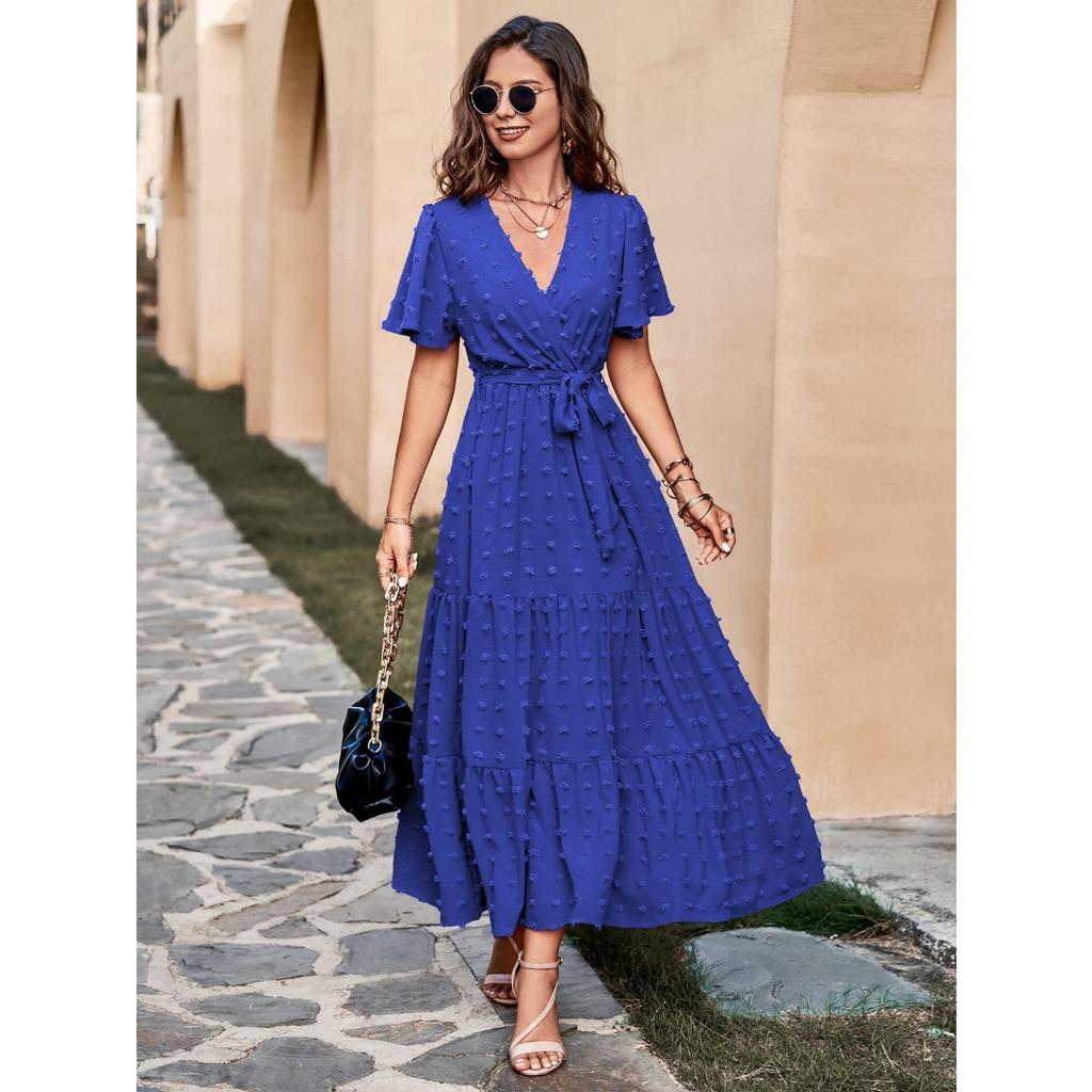 New Boho Swiss Dot Maxi Dress for Women, V Neck Flowy Short Sleeve Tie Waist A Line Long Dress