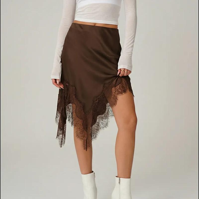Women Satin Lace Trim Mini Skirts 2026 Summer Elastic Waist Asymmetric Hem Short Skirts Lace Half Slip Skirts Streetwear