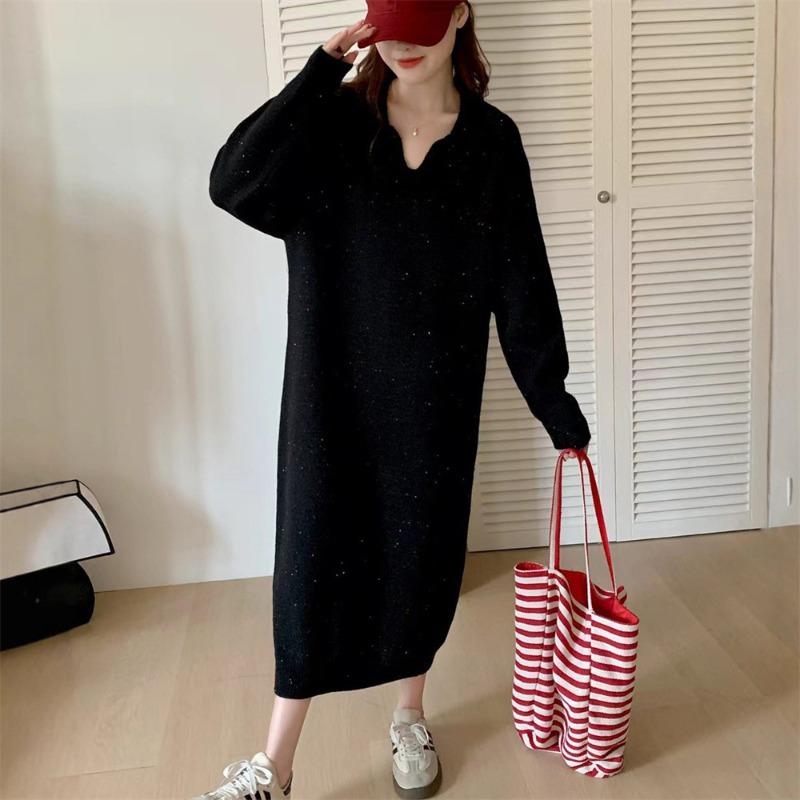 Long with coat knitted dress autumn and winter new loose lazy collar bottom with sweater skirt top