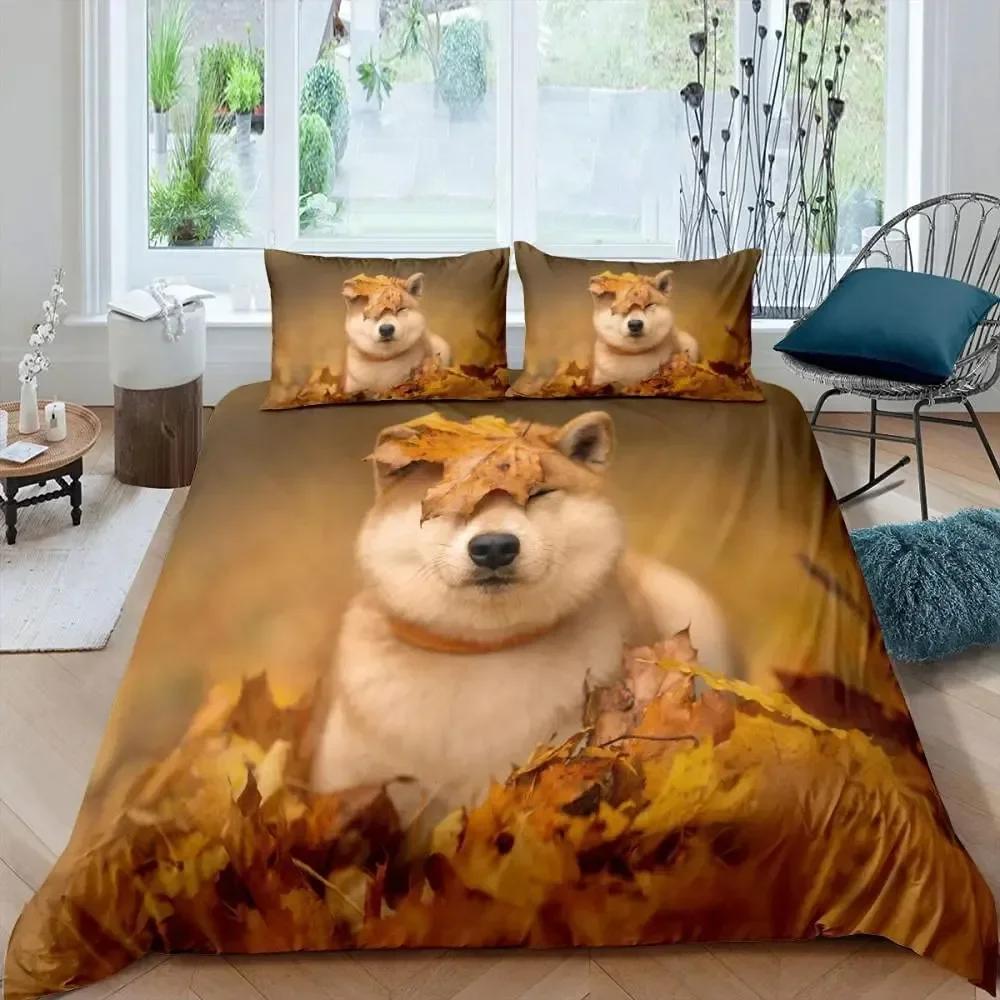 Shiba Inu Cute Yellow Dog Cartoon Animal Farmhouse Pet Comfortable Duvet Quilt Cover Pillowcase Bedding Set Children Bedroom