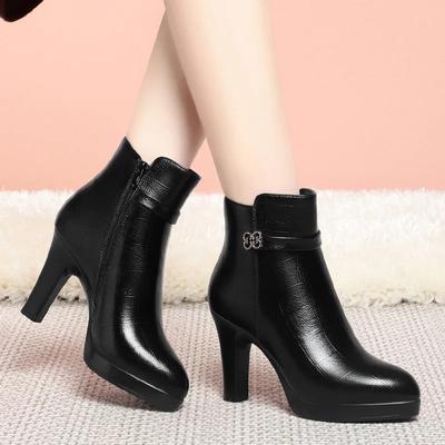 Zapatos de Tacón Alto Elegantes de Bloque 9cm Mujer Tendencia 2024 Invierno Piel Suave Piel Sintética Cálida Botas de Motocicleta Tobilleras para Modelo Oficina Mamá