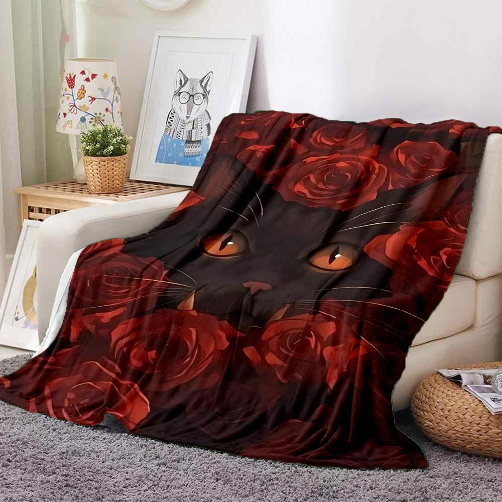 1PC Black Cat Roses Blanket, Throw For Sofa, Bed, Travel, Camping, Livingroom, And Bed, Printing Blanket With Soft And Warm Fabric yy250918202