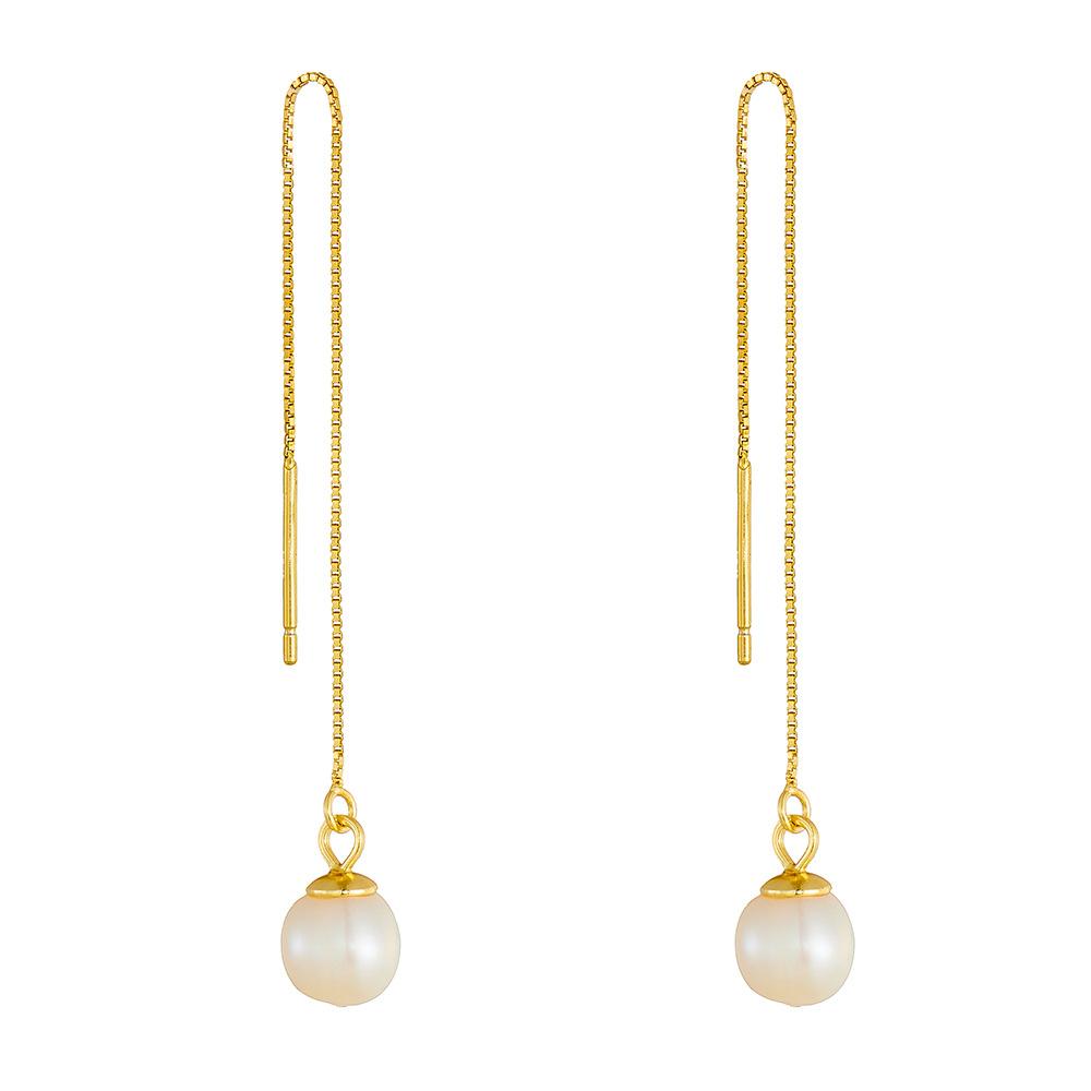 Europe and America Fashion Jewelry 925 Sterling Silver Pearl Tassel Long Chain Gold Plated Stud Earrings Jewelry for Women