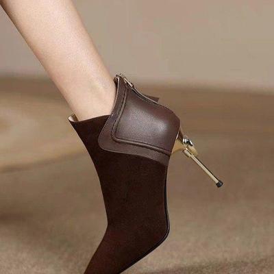 Autumn & Winter Rhinestone Stiletto Heel Women's Boots - Slimming, Sexy, Short, Patchwork Frosted Leather, Plus Velvet