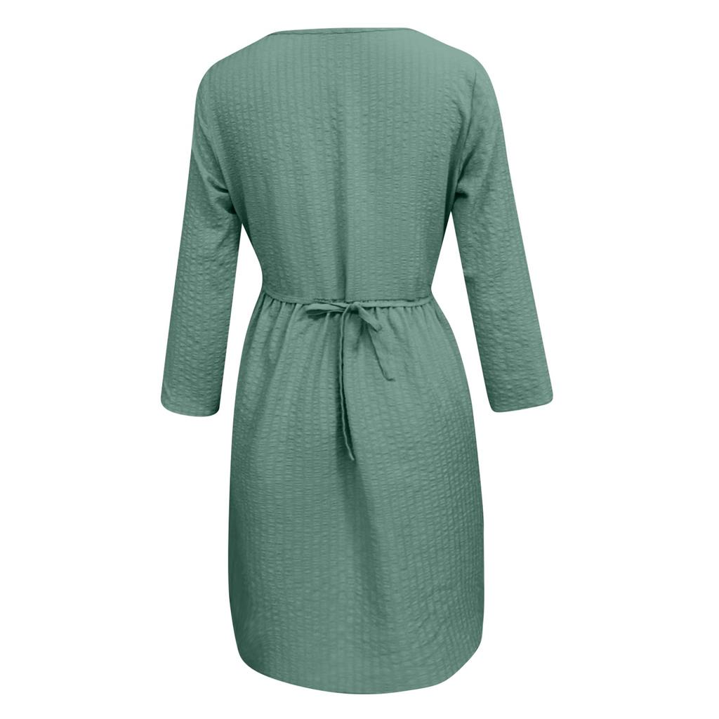Fashion Women's Color Round Neck Waist Tie Long Sleeve Dress Winter