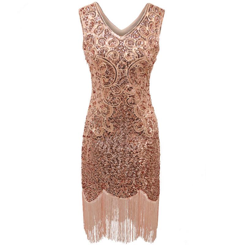 1920s Gatsby Sequin Tassel Dance Dress - Double V-Neck Evening Gown/Performance Costume M розовый