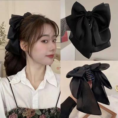 Large Bow Hair Claw Hair Accessories High Ponytail Clip Black Ribbon Hair Clamp Women Girls Back Head Grab Clip Style Shark Clip