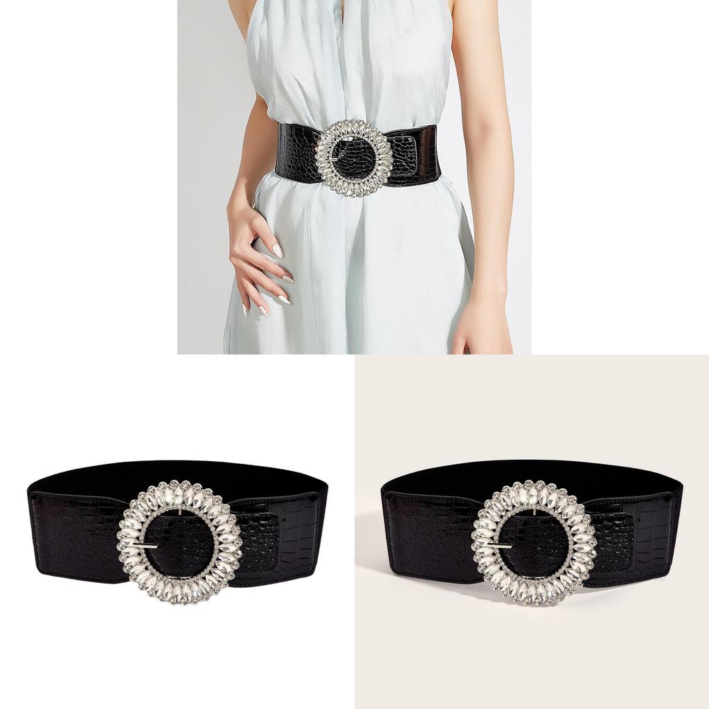 Vintage Korean Style Wide Belt For Dresses With Alloy Buckle And Elastic Waist For Winter Fashion
