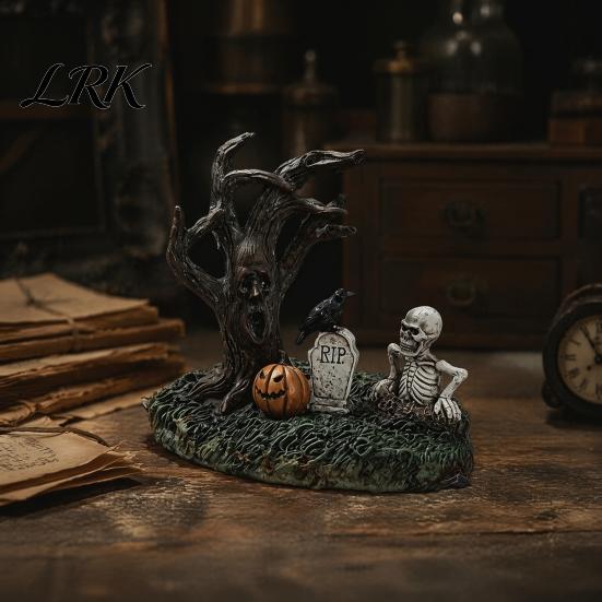 Halloween Atmosphere Decorations Garden Ornaments, Spooky Cemetery Decor with Resin Skulls Dead Trees Retro Gothic Home Pumpkin Raven for Indoor