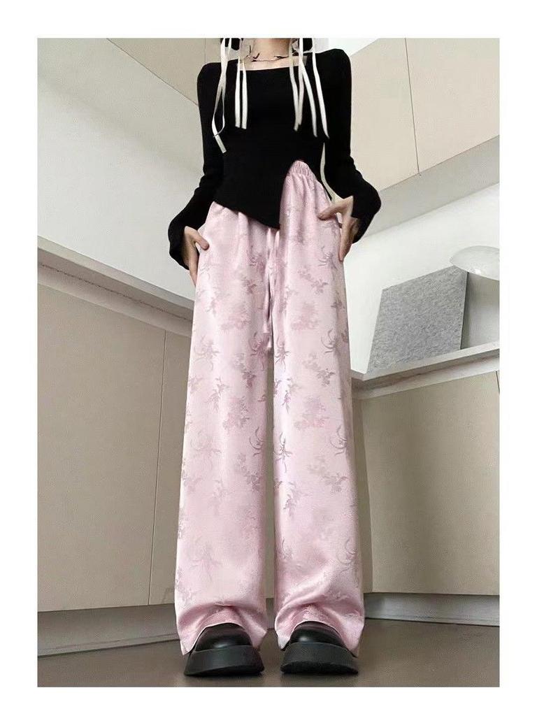 Chinese National Style 2024 Women's Wide-Leg Jacquard High-Waisted Satin Pants