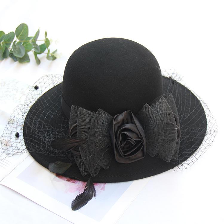 British Vintage Hepburn Wool Hat Autumn And Winter Banquet Top Hat Ladies Feather Mesh Flower Edge Fashion Felt Hat