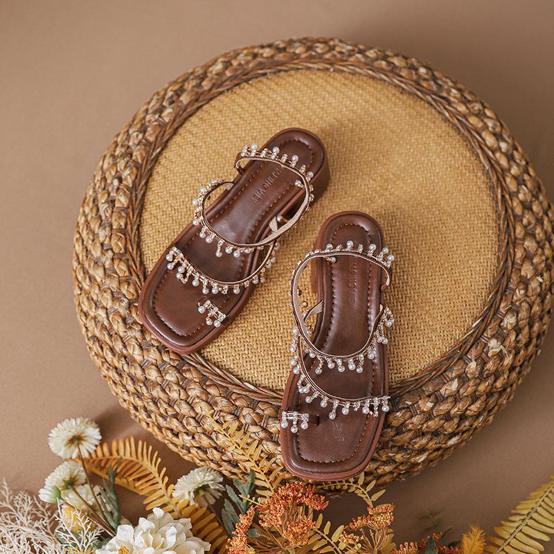 College Sandals Women's Summer Wide Fat Feet Skinny Square Head Roman Shoes Bohemian Beach Shoes Beautiful High Heels