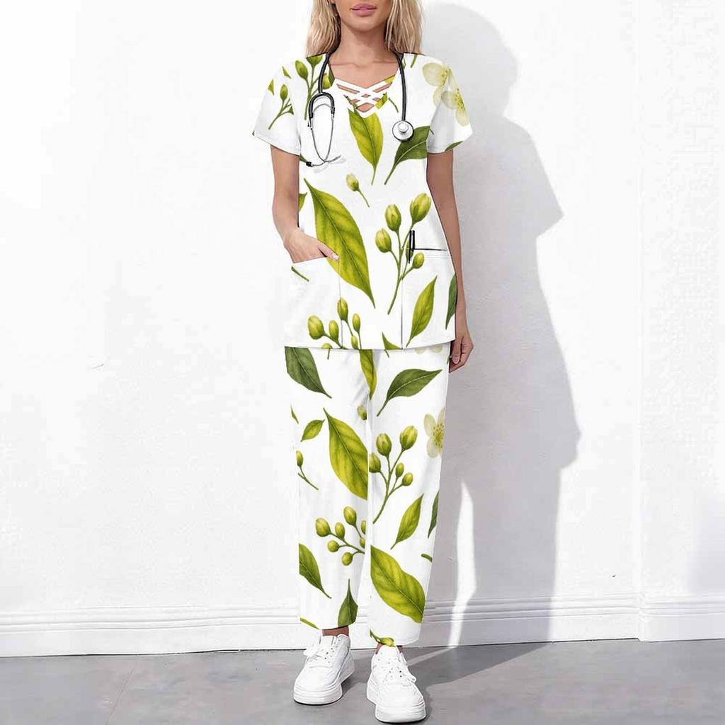 Women Plus Size White Floral Printed Scrub Set Crisscross Cutout Neck Short Sleeve Top With Pockets Long Pants Two Piece