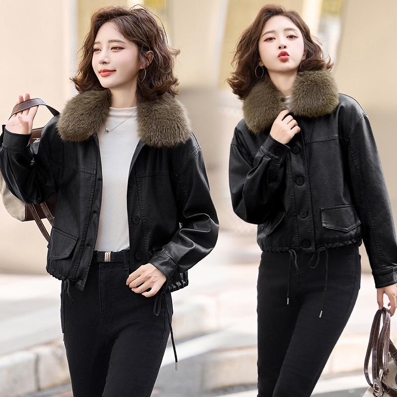 Fur integrated leather jacket women's autumn and winter autumn and winter new velvet leather jacket jacket