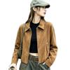 Womens Suede Velvet Short Jacket Casual Loose Fit Moto Style Cardigan In Khaki Coffee Olive
