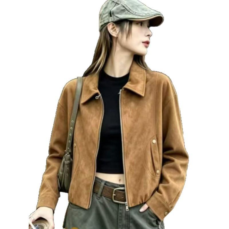 Womens Suede Velvet Short Jacket Casual Loose Fit Moto Style Cardigan In Khaki Coffee Olive