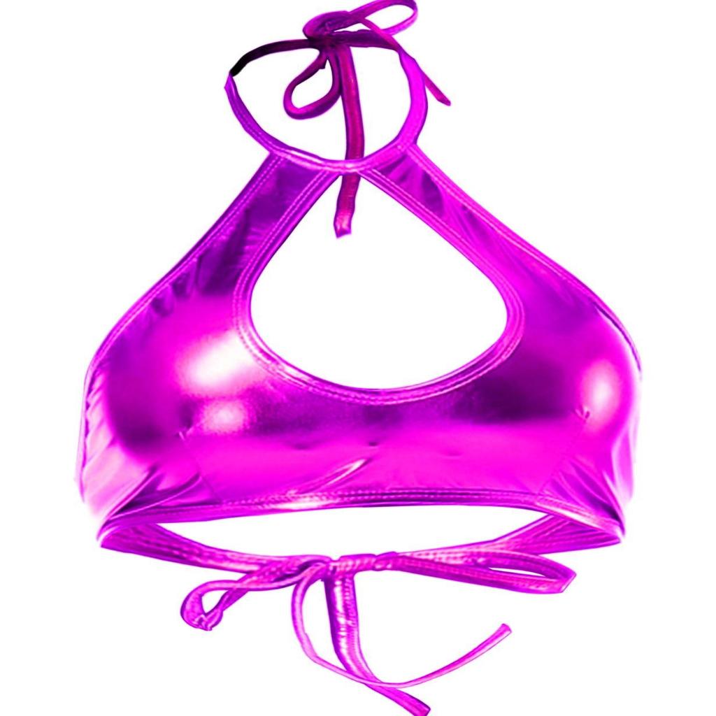 Shiny Metallic Rave Tops for Women Sexy Wet Look Leather Bra Halter Strap Outfit Crop Tops
