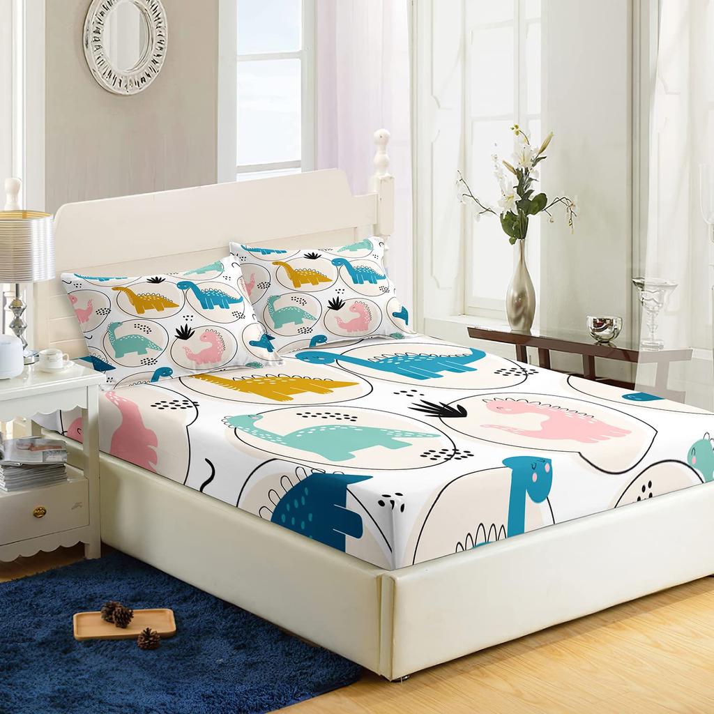 Cartoon animal little dinosaur pattern bed hat four-piece bedding set bedroom dormitory bedding decoration