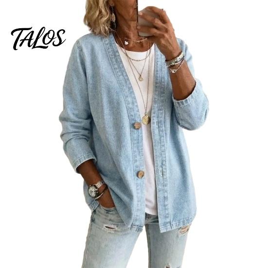 Talos Women's Button Front Faux Denim Jacket, V Neck Long Sleeve Casual Coat, Vintage Loose Fit Imitation Jeans Cardigan
