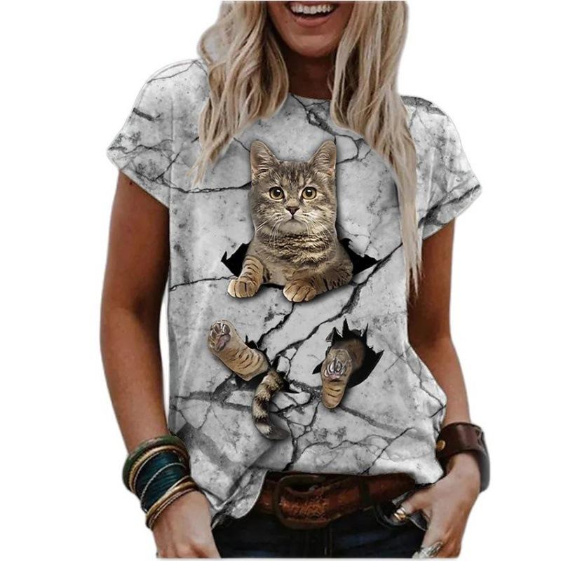 3D Cat Painting Women's T-shirt Cat Image Printing Round Neck Casual Summer Tops