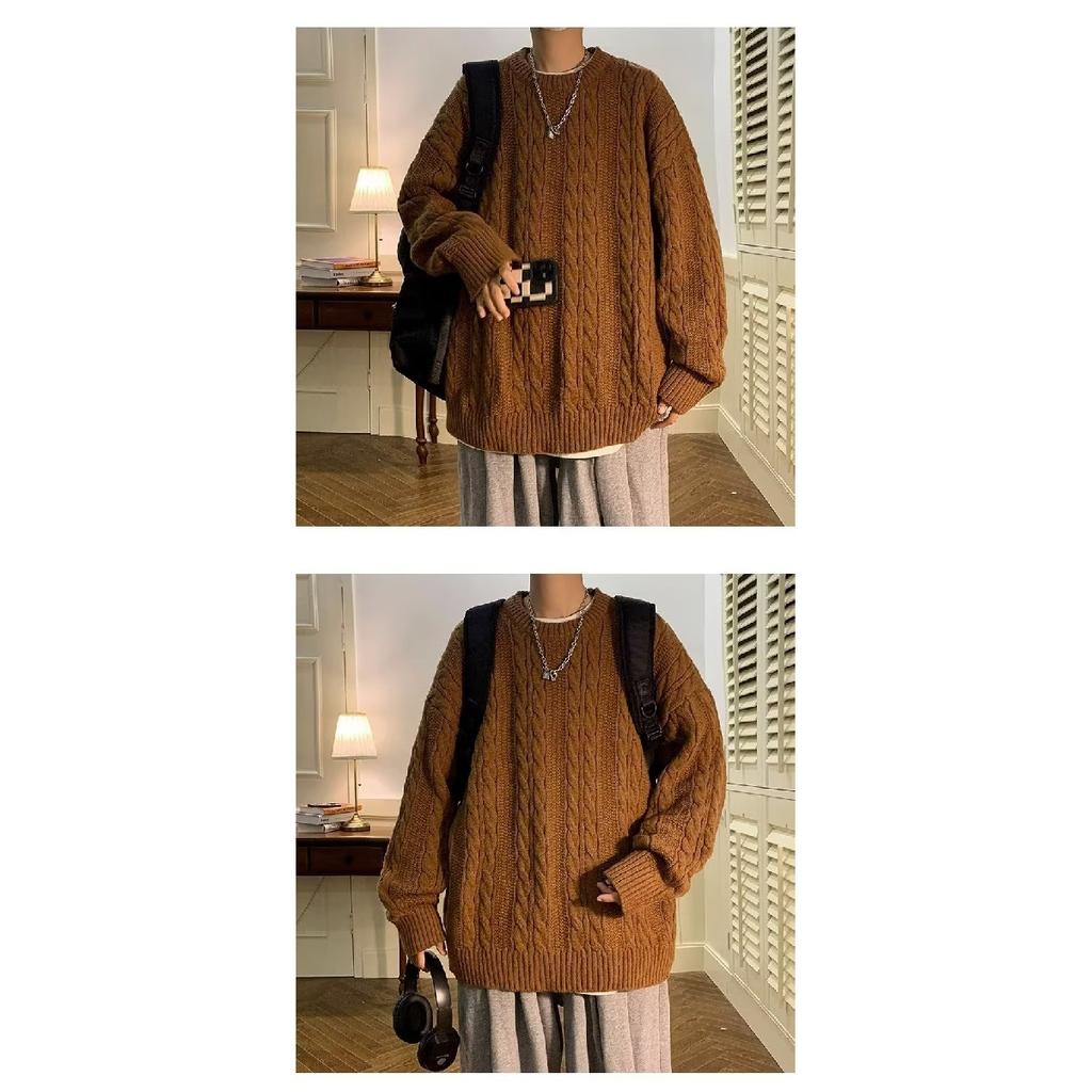 Men's Loose Sweater Autumn and Winter New Twist Round Neck Sweater Solid Color Casual Sweater Pullover Top Men