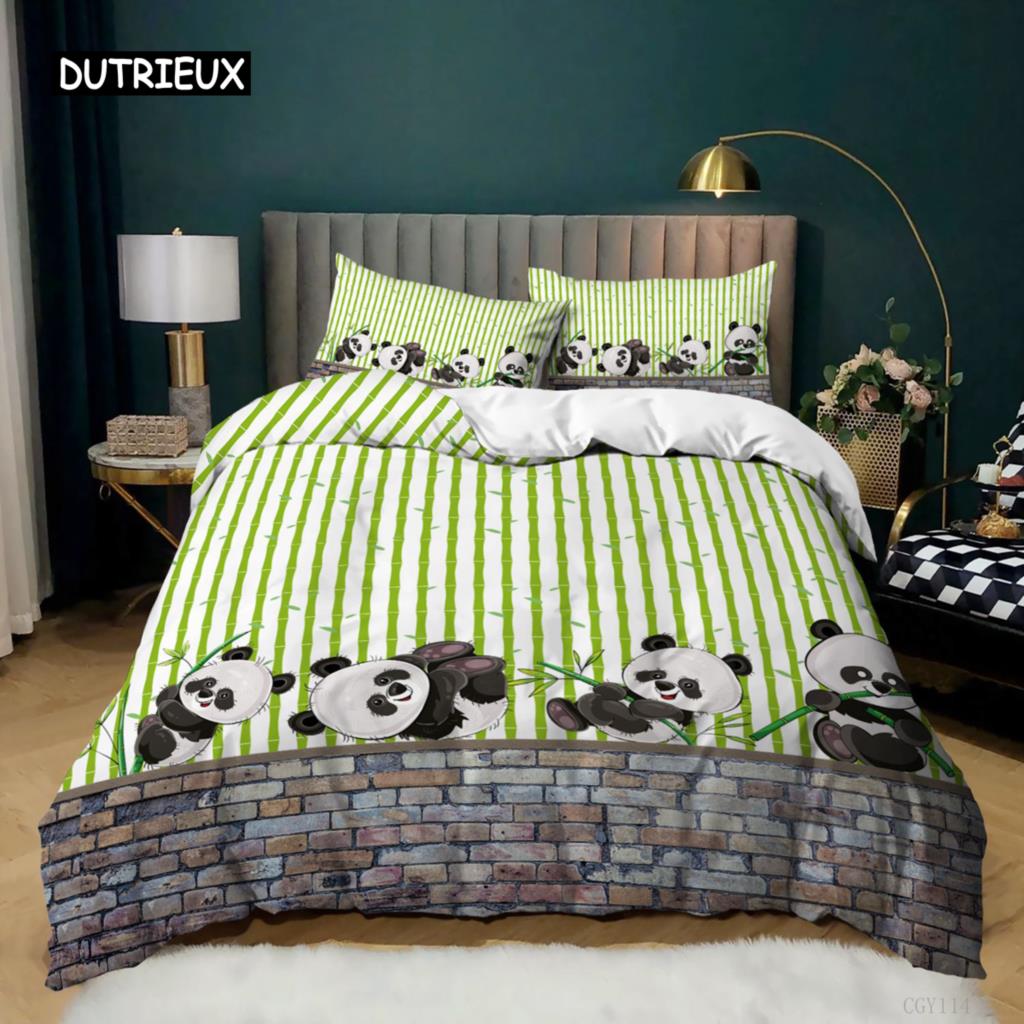 Panda Duvet Cover Cartoon Panda Printed Bedding Set For Kids Boys Girls Microfiber Cute Animal Comforter Cover 2/3Pcs Full Size