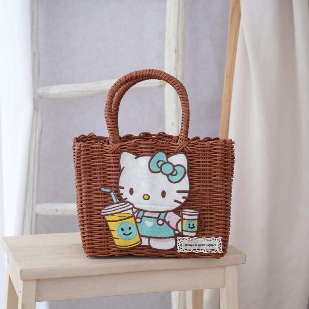 Adorable Cat Woven Tote Bag - Square Handmade Basket for Shopping & Everyday Use
