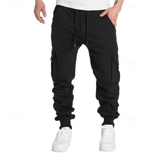 Men Cargo Pants Mid-rise Adjustable Waist Drawstring Casual Trousers with Reinforced