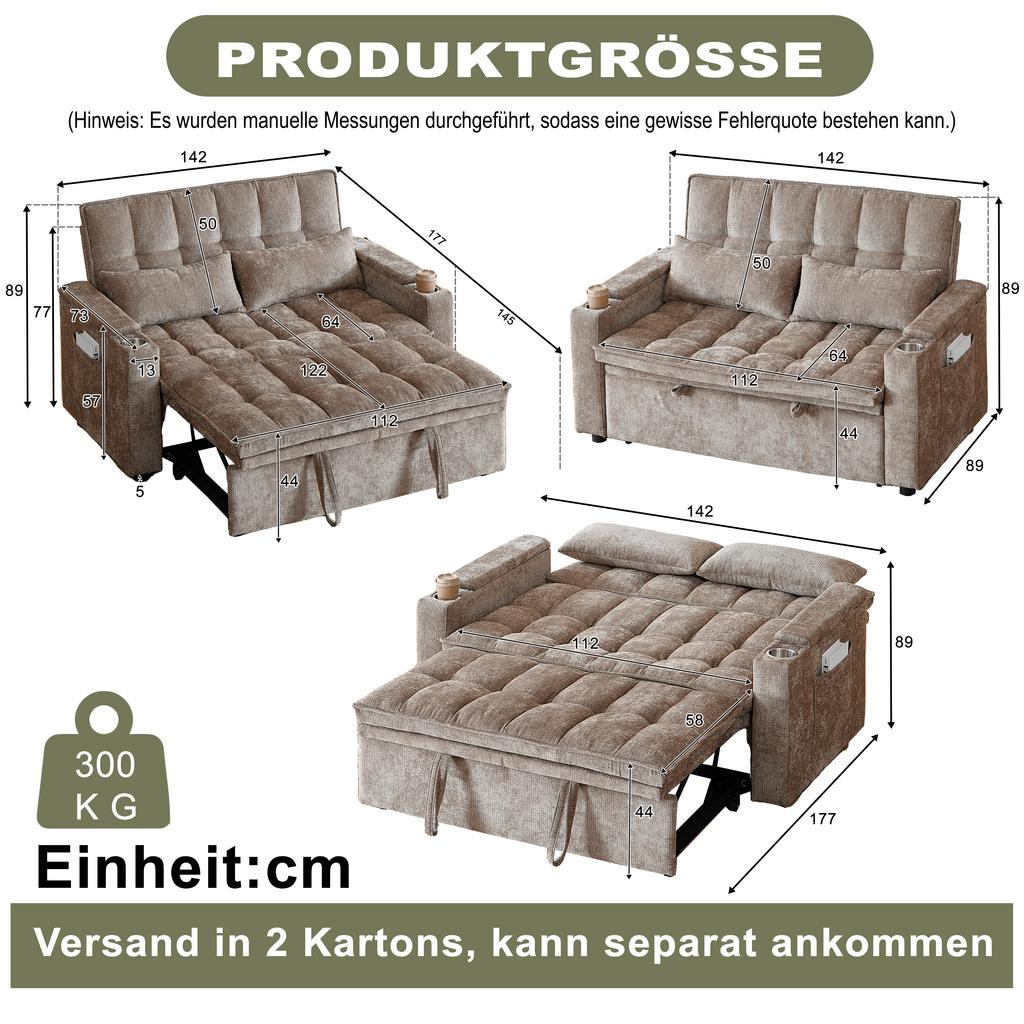 Un canapé-lit 3-en-1 de 142 cm de large avec fonction inclinable, coussins d'assise et de dossier doux comme des nuages, deux coussins lombaires, une étagère et un porte-gobelet