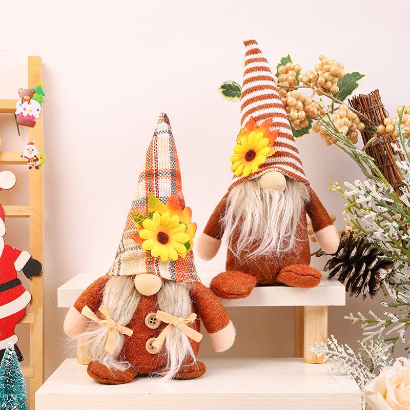 Thanksgiving Gnome Figurine with Sunflower, Maple Leaf, and No-Face Doll Design
