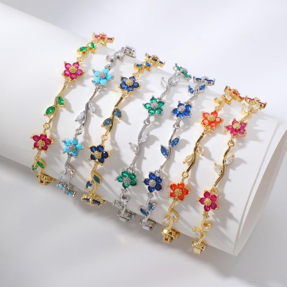 Charm Stainless Steel Stackable Bracelets Shiny Rhinestone Multiple Color Cubic Zirconia Bracelets Leaves Flower Bracelet Women