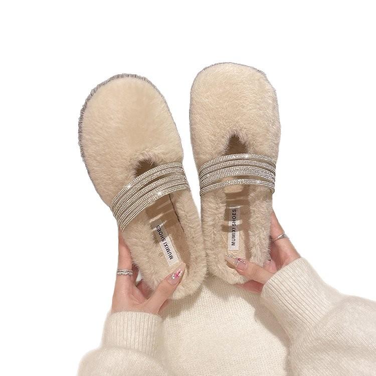 [Fanfuna] Rhinestone fluffy half-slippers women's autumn and winter outer wear advanced velvet 2025 new cotton slippers
