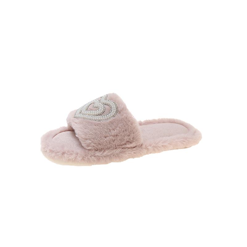 Fashion 2025 New Fashionable Hot Diamond Pearl Love Hair Cotton Slippers for Autumn and Winter Home Slipper Comfortable Cotton Slippers