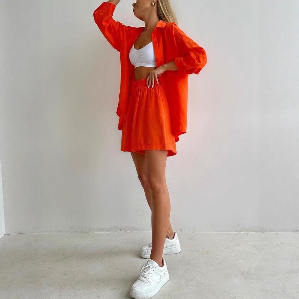 Cross-border Loose Fashion Suit Single-breasted Large-size Women's Clothing Long-sleeved Solid Color Shirt Casual Shorts two-pieCe Set