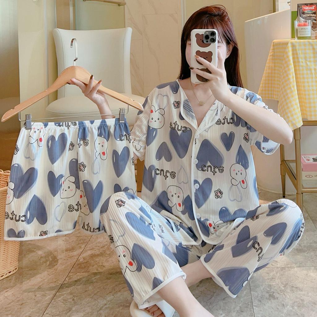 Short-Sleeved Pajamas Three-Piece Korean Version Of Sweet And Cute Cardigan Women'S Loungewear