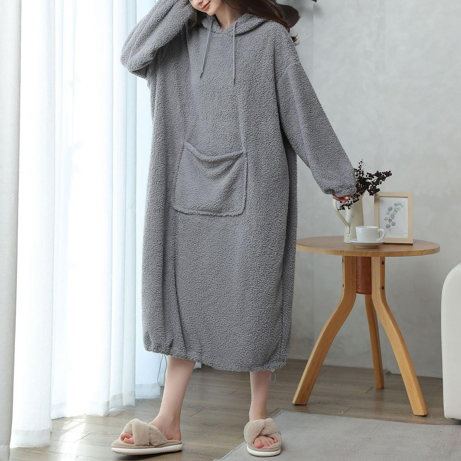 

Женская ночная рубашка из бархата Cloud Velvet на осень и зиму, пижама с капюшоном, ночная рубашка из рисового зерна, удобная и теплая домашняя одежда One Size