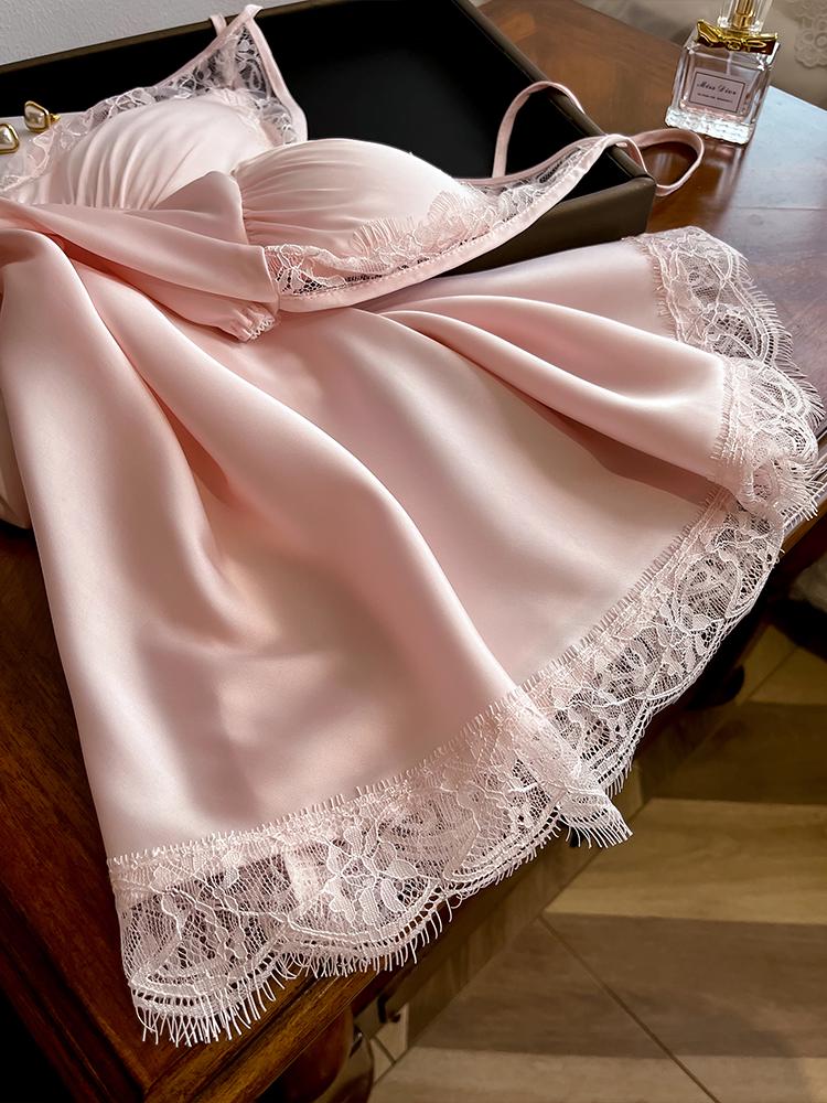 Women's Sexy Silk Camisole Dress with Lace Straps & Chest Pads - Ideal for Spring, Summer, Autumn Home or Sleepwear
