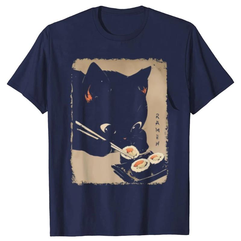 Kawaii Cat Eating Sushi Funny Japanese Anime Cute Graphic T-shirts Men Fashion Casual Tshirt 100% Cotton Loose Oversized T-Shirts Women’s