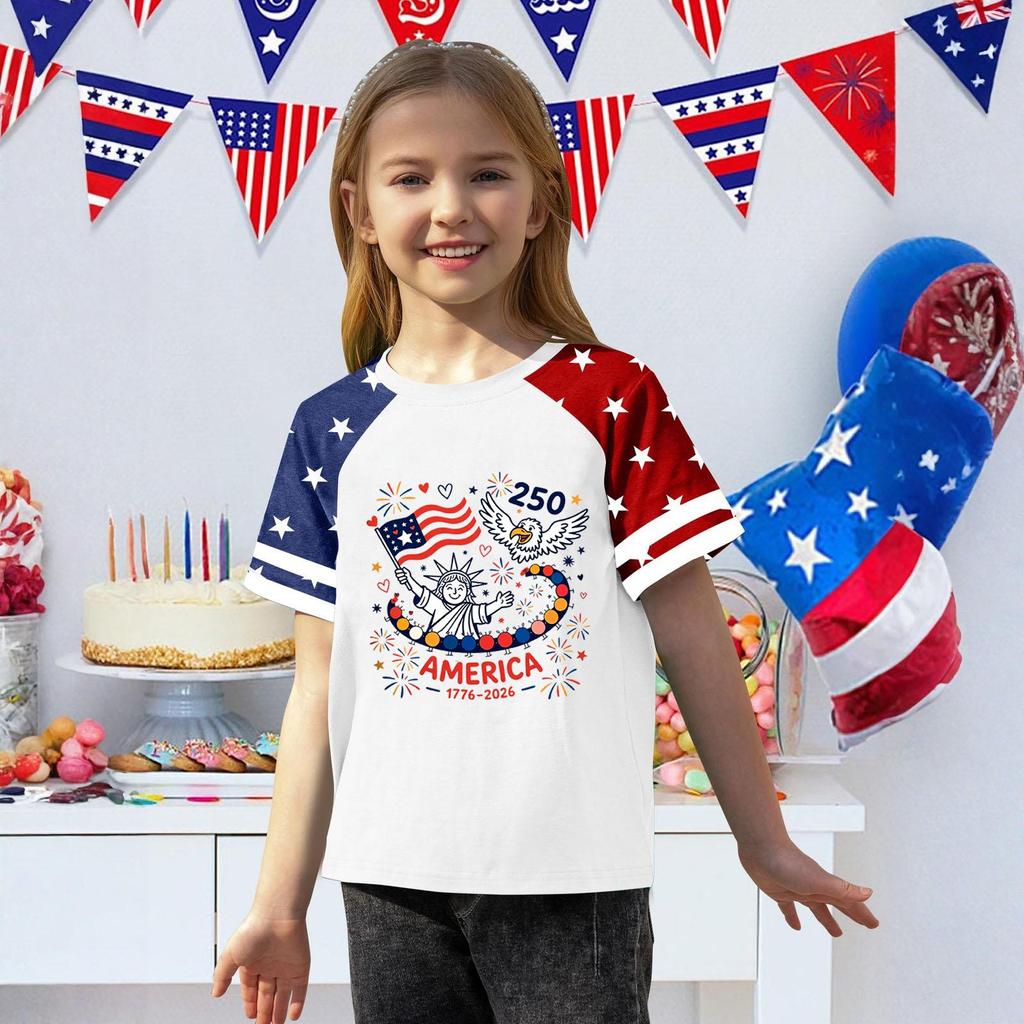 Kids Independence Day Graphic T-Shirt Short Sleeve Crew Neck Casual Tee with Patriotic Print and Star Pattern Sleeves for Boys and Girls