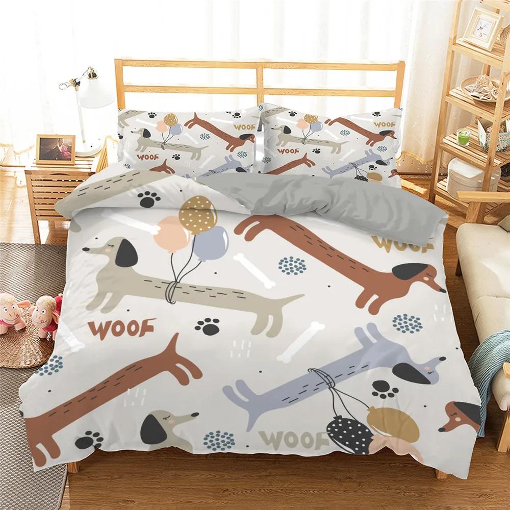 Sausage Dog Print Duvet Cover Set Queen King Full Size Cartoon Dachshund Puppy Bedding Set for Boys Polyester Comforter Cover