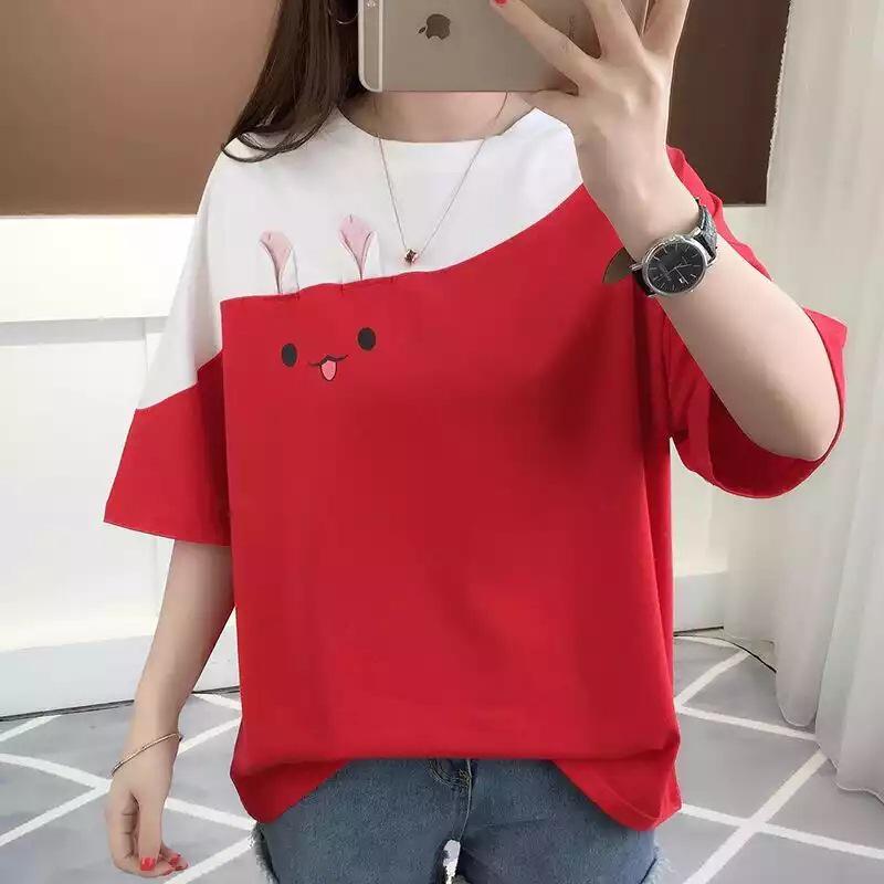 2026 Summer Korean Style Embroidered Rabbit Color Block T-shirt - Women's Loose Fit Short Sleeve Top