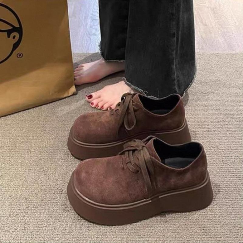 Retro Platform Shoes Women's New Spring and Autumn Small Man Height Increase Muffin Round Head Lace-up Single Shoes