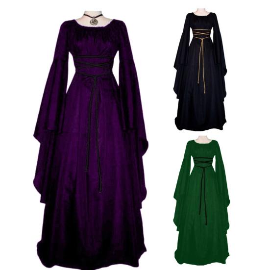 Cosplay Dress Flare Sleeve Vintage Soft Solid Color Large Cuff Maxi Dress for