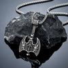 Norse Viking Warrior Stainless Steel Axe Pendant Necklace for Men with Leather Cord