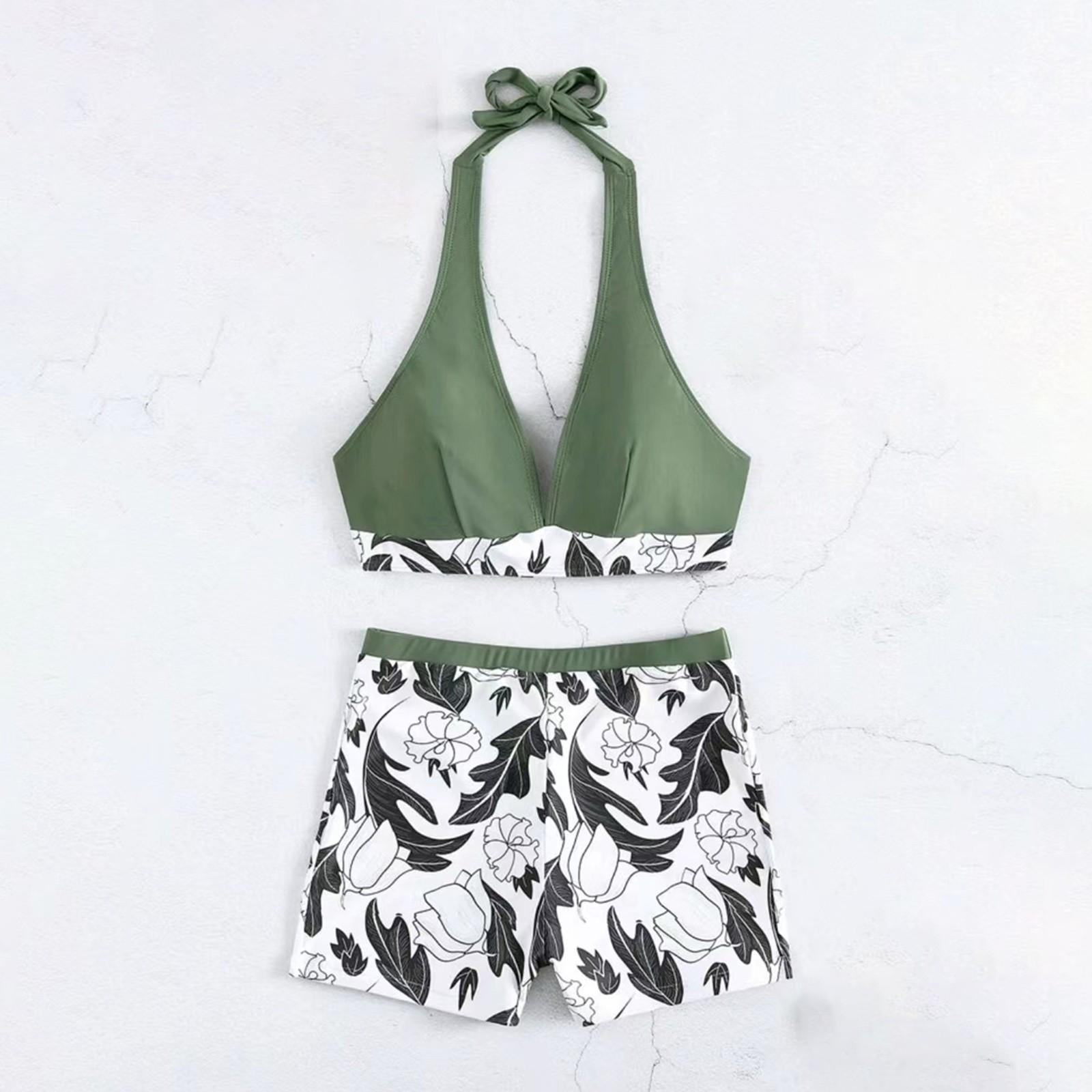 Women s High-Waisted Square- Printed Patchwork Swimsuit L