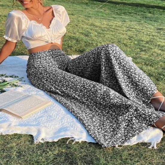 Women Pants High Waist Floral Print Wide Leg Trousers Vintage Style Loose Fit Casual Long Pants with Pockets