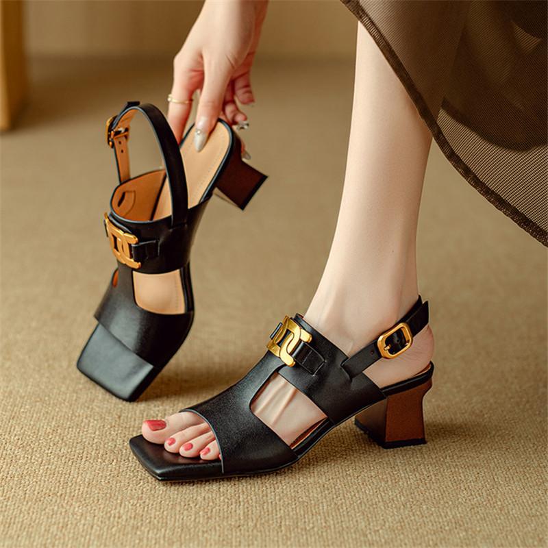 Fashion New Summer Sandals Split Leather Sandals for Women Fashion Metal Decoration Square Toe Sandals Ladies High Heels Casual Shoes
