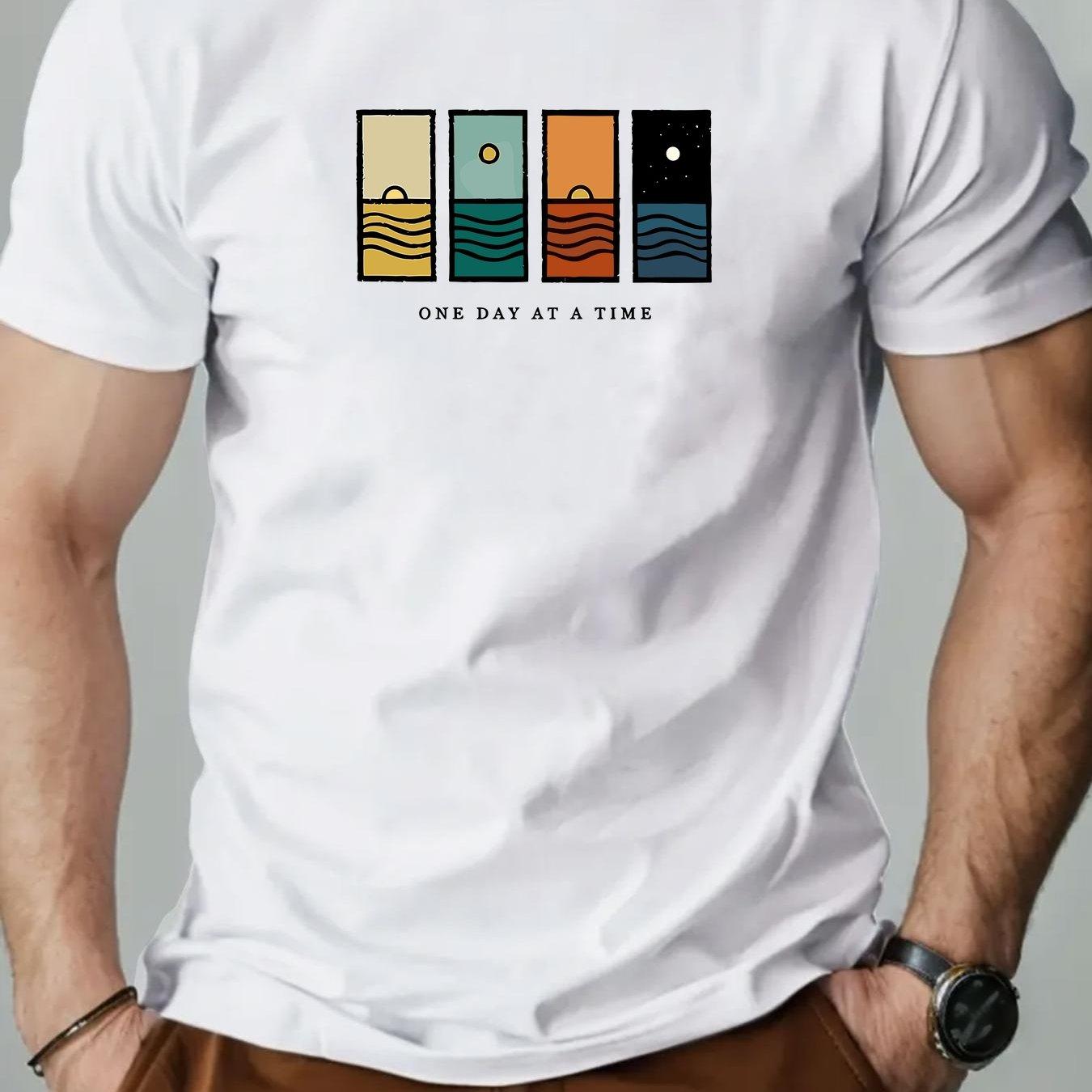 

2026 New Men One Day At A Time Graphic Casual TShirt Summer Short Sleeve Round Neck Tee with Colorful Stripes Men Clothing S